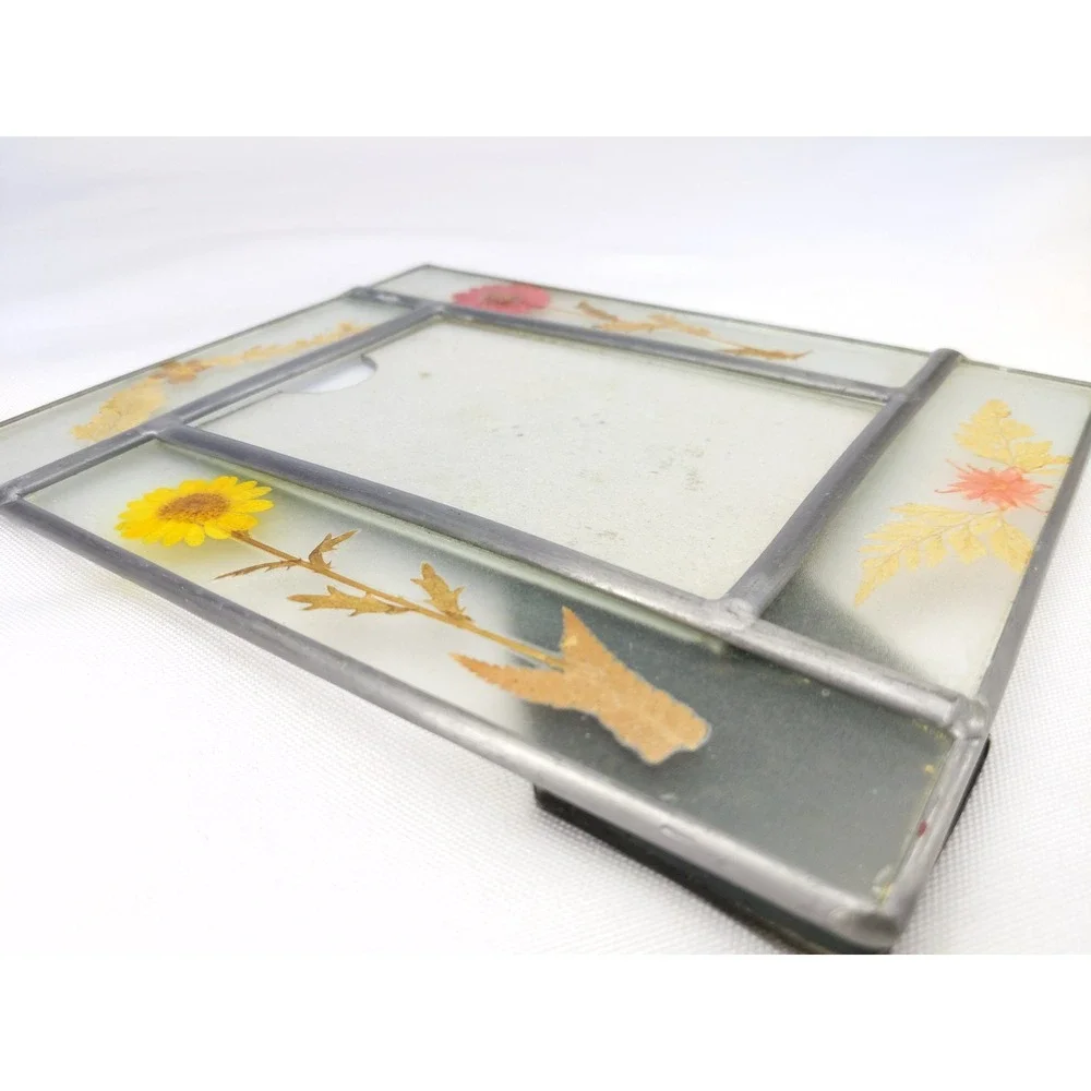 Vintage Stained Glass Picture Frame Clear Pressed Dried Flowers Leaded Metal